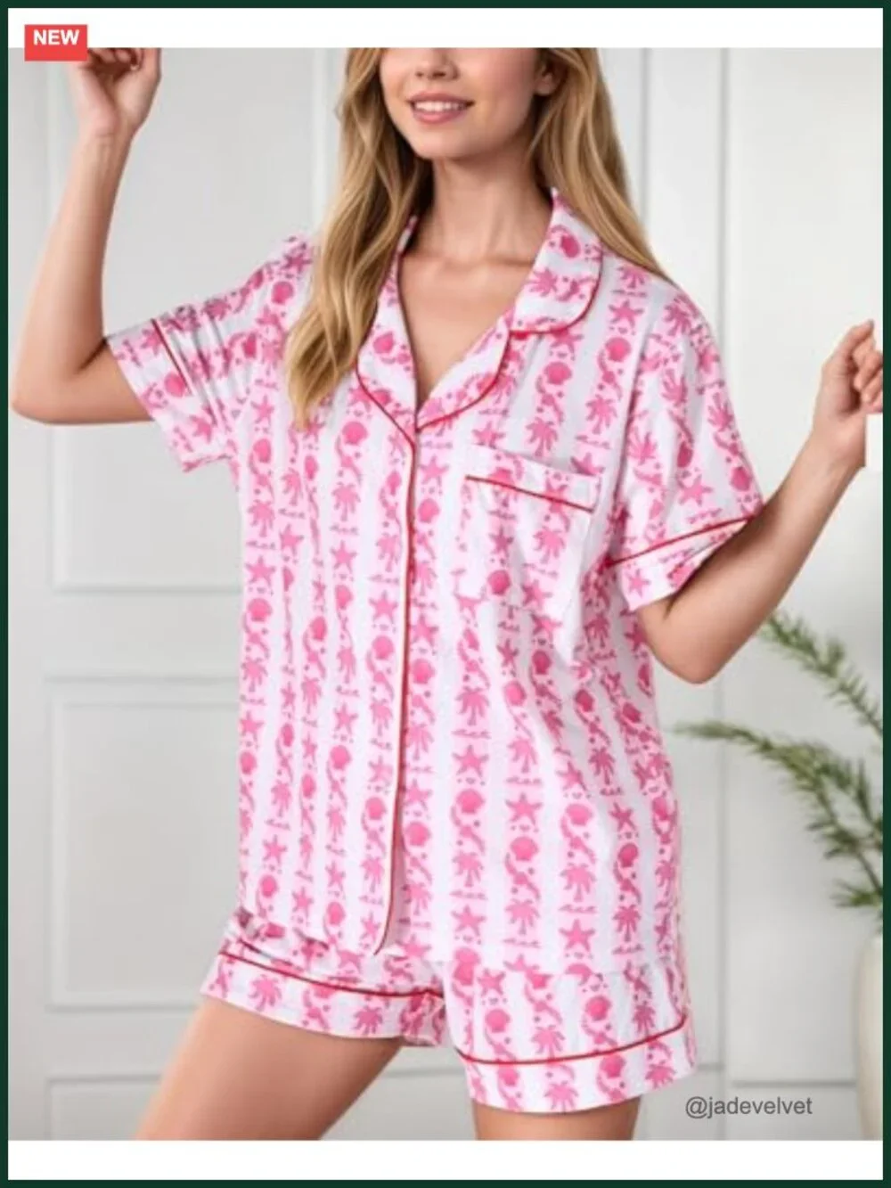 Women's Pajama Set with Palm Print Short Sleeve Top & Shorts Summer Sleepwear